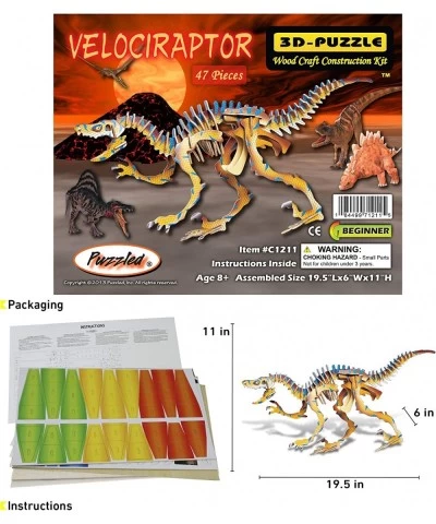 3D Puzzle Colorful Velociraptor Dinosaur Wood Craft Construction Kit Fun & Educational DIY Wooden Dino Toy Assemble Model Pre...