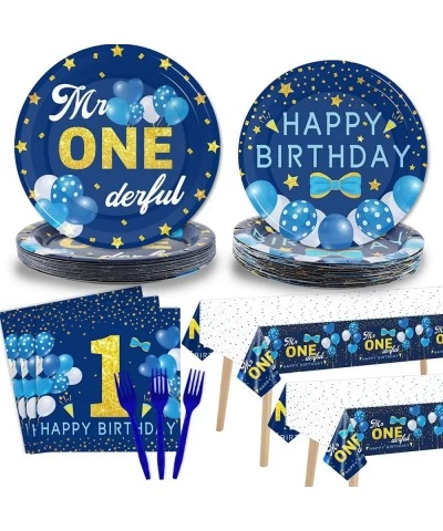 98 Pieces Mr Onederful 1st Birthday Party Decorations Boy 1st Birthday Tableware Set Blue Tablecloth Plates Party Supplies Ki...