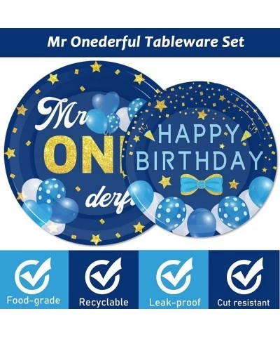 98 Pieces Mr Onederful 1st Birthday Party Decorations Boy 1st Birthday Tableware Set Blue Tablecloth Plates Party Supplies Ki...