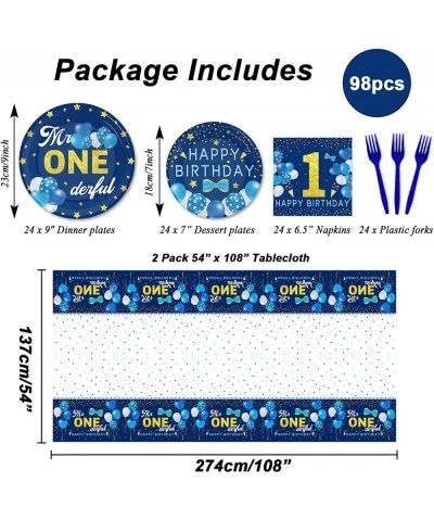 98 Pieces Mr Onederful 1st Birthday Party Decorations Boy 1st Birthday Tableware Set Blue Tablecloth Plates Party Supplies Ki...