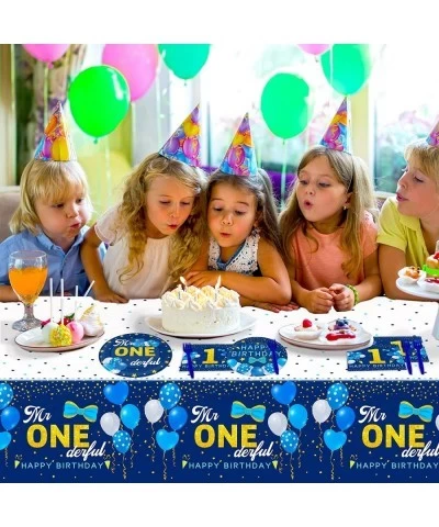 98 Pieces Mr Onederful 1st Birthday Party Decorations Boy 1st Birthday Tableware Set Blue Tablecloth Plates Party Supplies Ki...