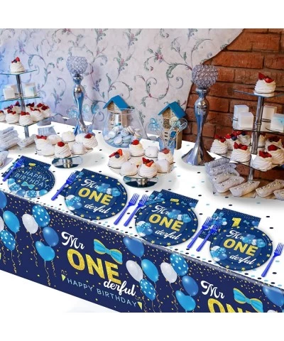 98 Pieces Mr Onederful 1st Birthday Party Decorations Boy 1st Birthday Tableware Set Blue Tablecloth Plates Party Supplies Ki...