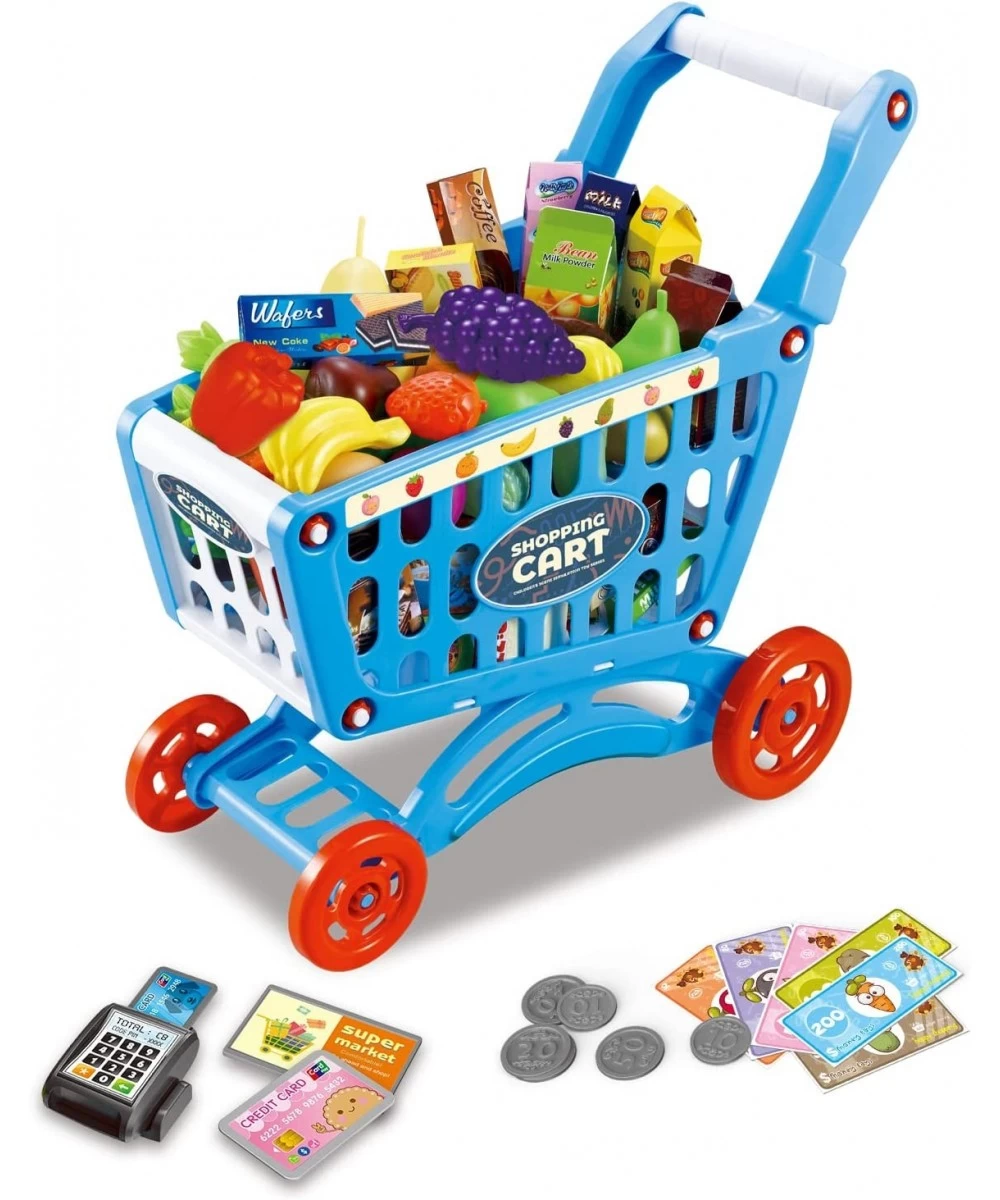 Kids Shopping Cart Toy Supermarket 54pcs Playset Included Grocery Cart Toy Credit Card Pretend Fruit Vegetables Shop Accessor...