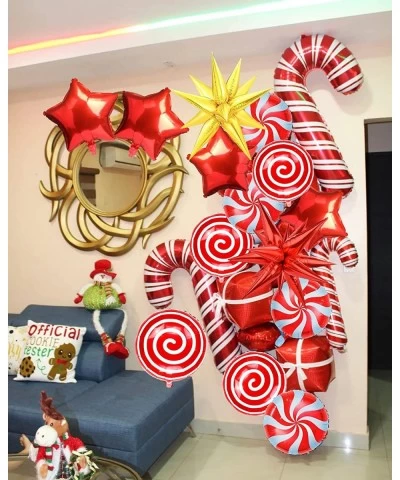 46Pcs Christmas Foil Balloons Xmas Candy Cane Balloons Large Candy Gift Box Balloons Red Gold Explosion Star Balloons Mylar B...