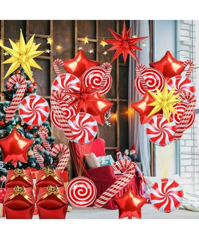 46Pcs Christmas Foil Balloons Xmas Candy Cane Balloons Large Candy Gift Box Balloons Red Gold Explosion Star Balloons Mylar B...