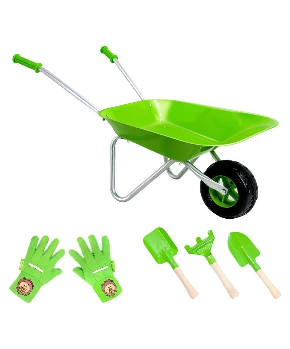 Kids Wheelbarrow Set Metal Child Wheel Barrel Green Easy to Assemble and Kids Gardening Tools Kit Garden Toys with Small Whee...