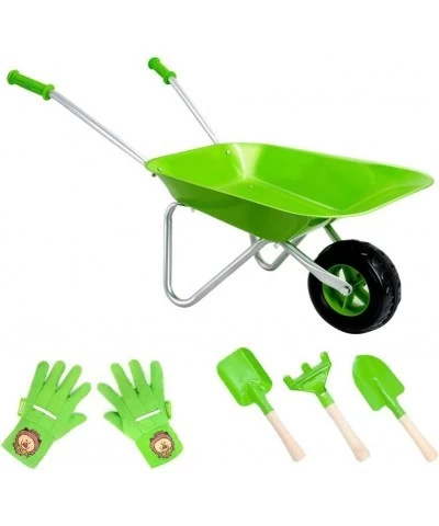 Kids Wheelbarrow Set Metal Child Wheel Barrel Green Easy to Assemble and Kids Gardening Tools Kit Garden Toys with Small Whee...