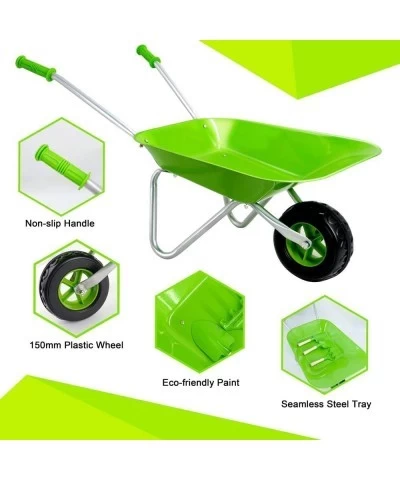 Kids Wheelbarrow Set Metal Child Wheel Barrel Green Easy to Assemble and Kids Gardening Tools Kit Garden Toys with Small Whee...