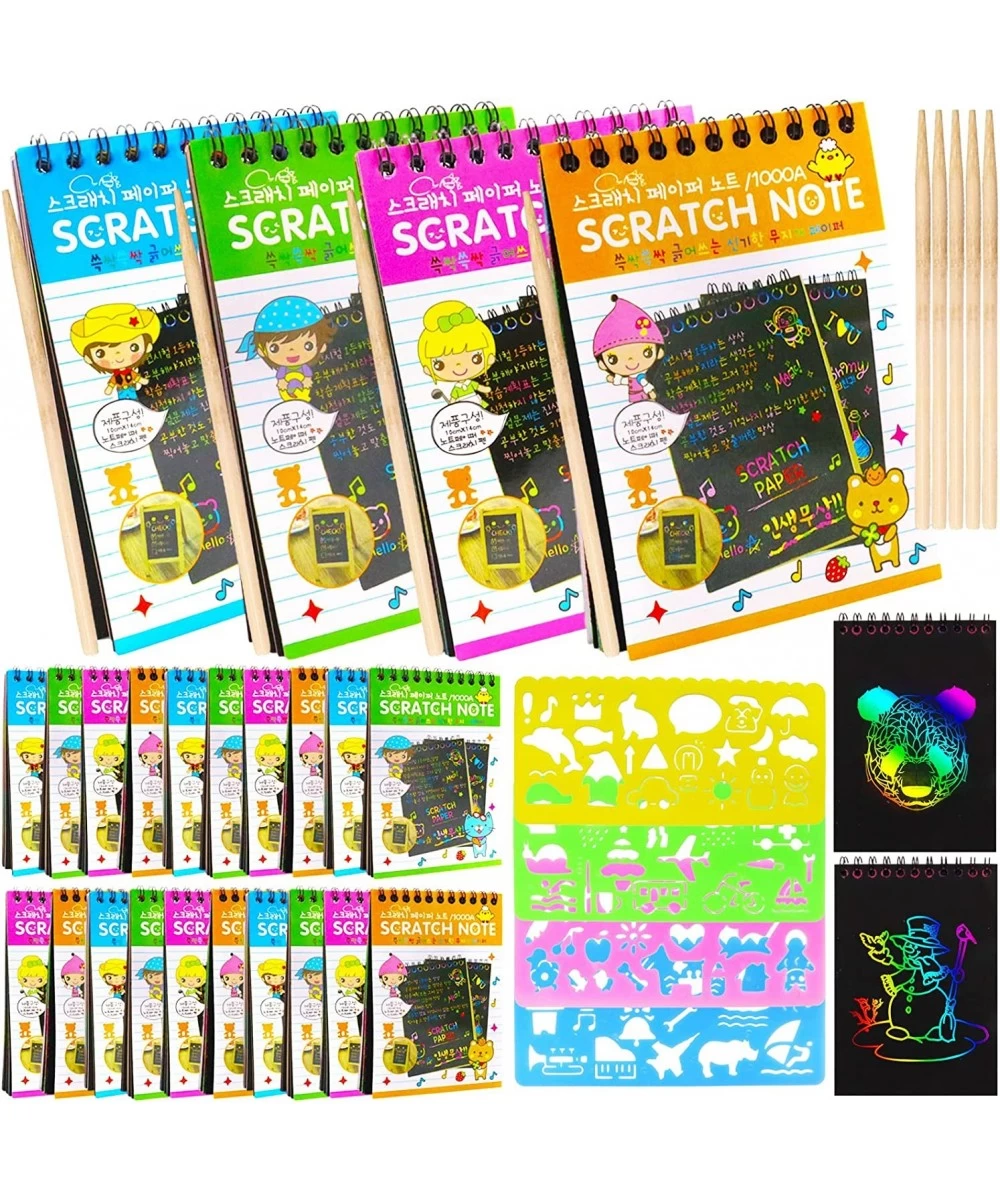 24 Pcs Scratch Art Notebooks Magic Scratch Painting Rainbow Scratch Note Pads for Kids Arts and Crafts 29 Wooden Stylus and 4...