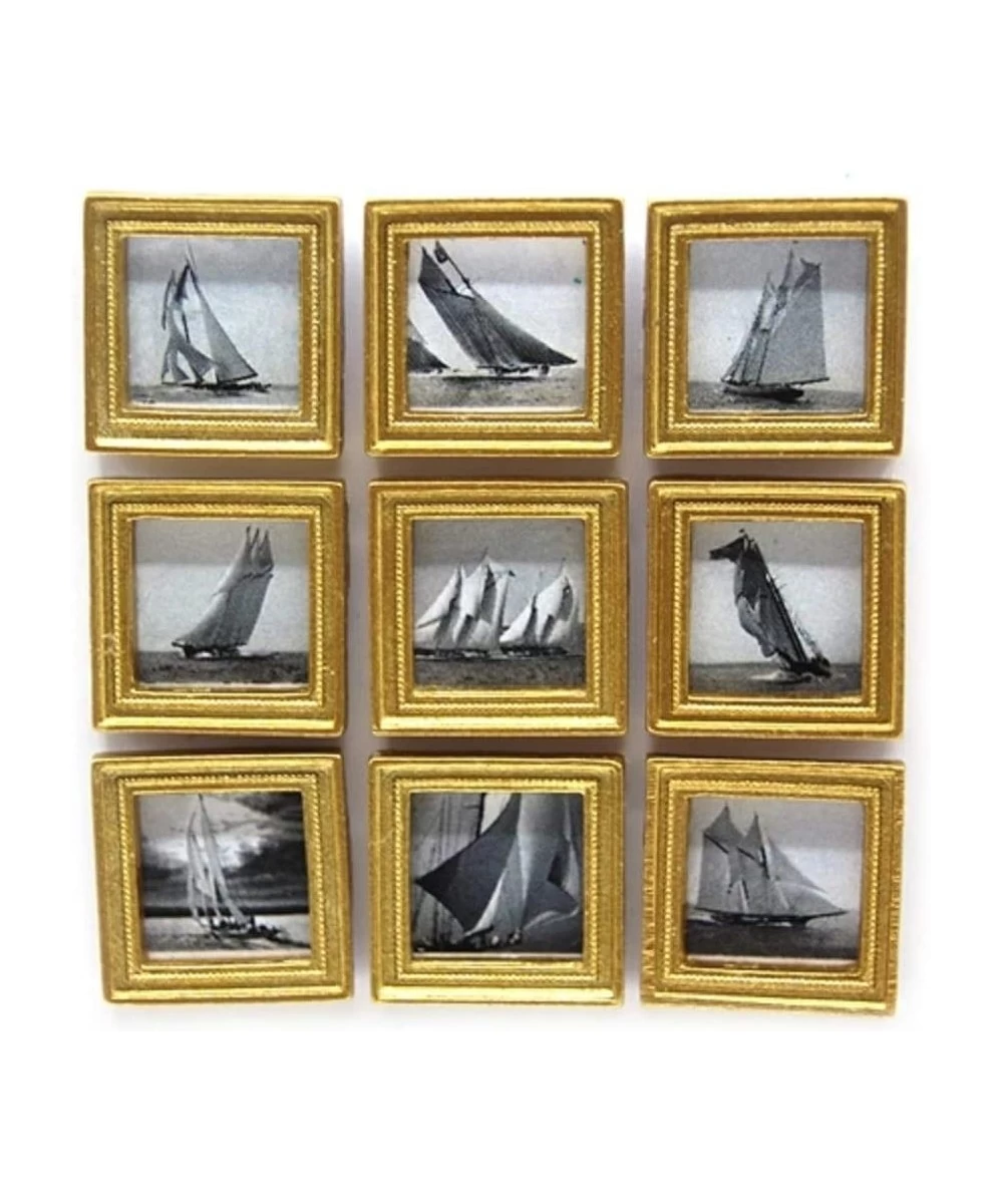 Dollhouse 9 Vintage Yacht Pictures Paintings in Gold Frame Miniature Accessory $32.96 Dollhouse Accessories