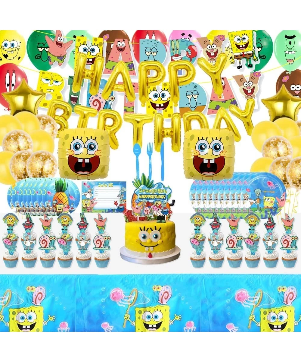 Yellow Sponge CartoonTheme Party Supplies Birthday Decorations Squarepants Party Supplies Include Banner Cake Toppers Plates ...