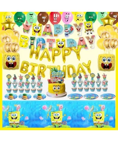 Yellow Sponge CartoonTheme Party Supplies Birthday Decorations Squarepants Party Supplies Include Banner Cake Toppers Plates ...