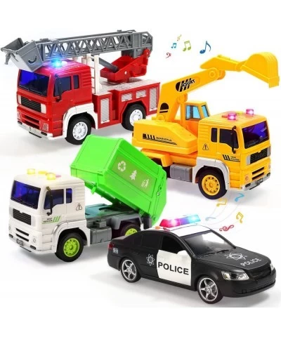 4 Pack Fire Truck Construction Truck Police Car and Garbage Truck with Sound and Light Pull Back Cars Push and Go Cars Fricti...