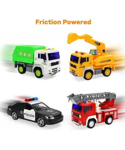 4 Pack Fire Truck Construction Truck Police Car and Garbage Truck with Sound and Light Pull Back Cars Push and Go Cars Fricti...