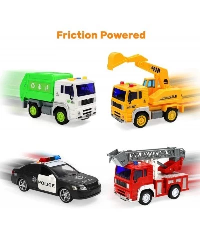 4 Pack Fire Truck Construction Truck Police Car and Garbage Truck with Sound and Light Pull Back Cars Push and Go Cars Fricti...