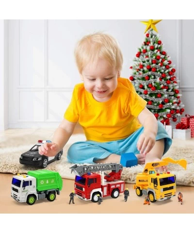 4 Pack Fire Truck Construction Truck Police Car and Garbage Truck with Sound and Light Pull Back Cars Push and Go Cars Fricti...