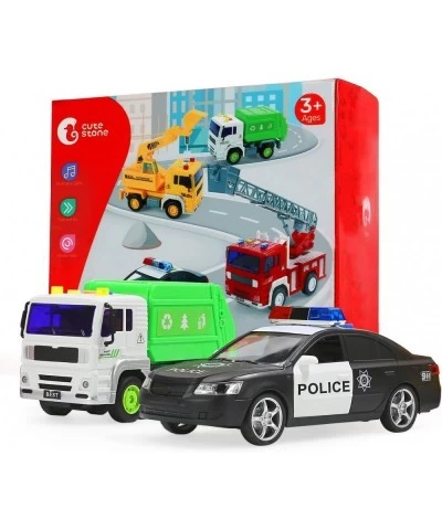 4 Pack Fire Truck Construction Truck Police Car and Garbage Truck with Sound and Light Pull Back Cars Push and Go Cars Fricti...