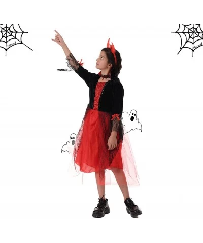 Girls Devil Costume Evil Vampire Dress Horns Outfits Role Play Wicked Tulle Dresses Headband 2 Pcs Sets Halloween $41.84 Kids...