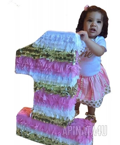 APINATA4U Large Number One Pinata 23" Tall Light Pink White & Gold $74.70 Piñatas