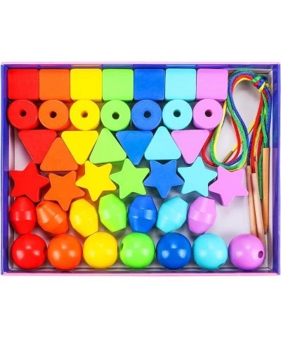 42PCS Lacing Beads Montessori Toys for Toddlers Wooden Primary String Threading Beads Rainbow Lacing Toy Preschool Fine Motor...