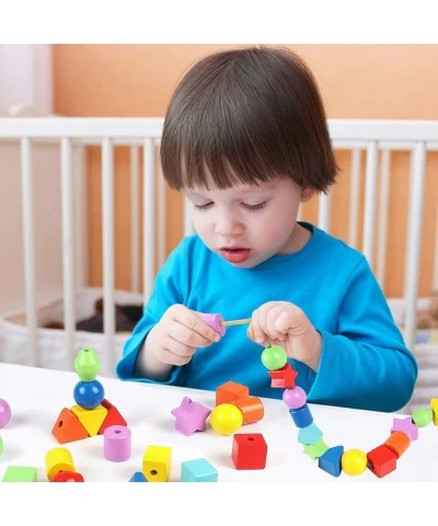 42PCS Lacing Beads Montessori Toys for Toddlers Wooden Primary String Threading Beads Rainbow Lacing Toy Preschool Fine Motor...