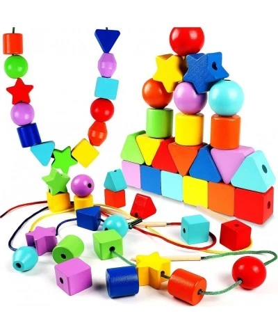 42PCS Lacing Beads Montessori Toys for Toddlers Wooden Primary String Threading Beads Rainbow Lacing Toy Preschool Fine Motor...