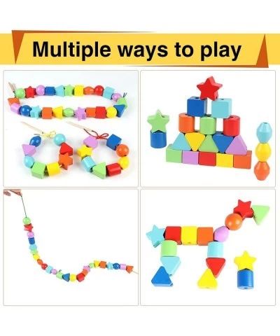 42PCS Lacing Beads Montessori Toys for Toddlers Wooden Primary String Threading Beads Rainbow Lacing Toy Preschool Fine Motor...