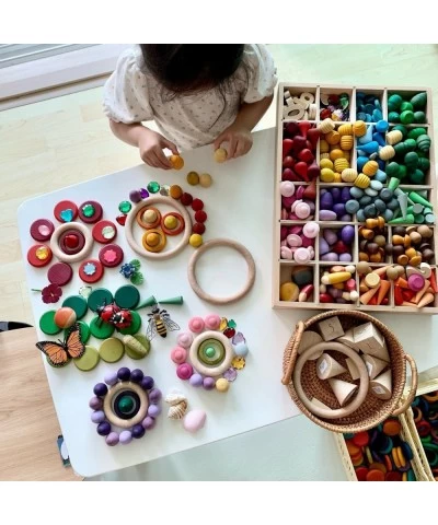 Large Set Full Rainbow Color Style Wooden Loose Parts Sensory Play Toys Rainbow Mandala Loose Parts 7 Shapes 27 Colors Rainbo...