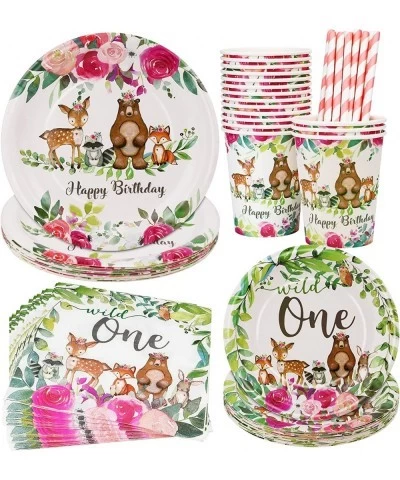 80Pcs Woodland Creatures Party Supplies Tableware Set Serves 16 Wild One Birthday Decorations Girls with Wild One Plates Napk...