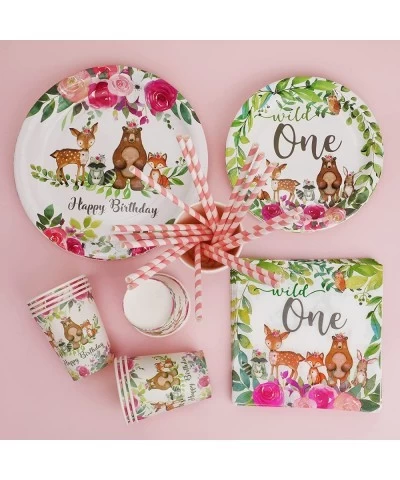 80Pcs Woodland Creatures Party Supplies Tableware Set Serves 16 Wild One Birthday Decorations Girls with Wild One Plates Napk...