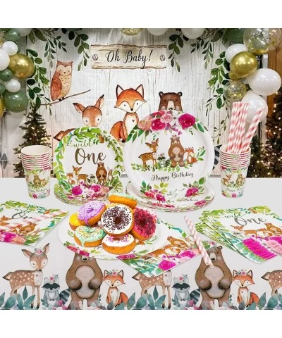 80Pcs Woodland Creatures Party Supplies Tableware Set Serves 16 Wild One Birthday Decorations Girls with Wild One Plates Napk...