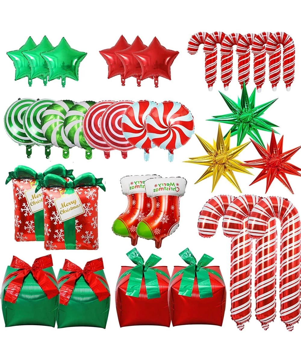 36Pcs?Christmas?Foil?Balloons ?Candy?Cane?Gift?Box?Swirl?Candy?Explosion?Star?Socks?Red?Green?Mylar?Balloons?with?Ribbons?for...