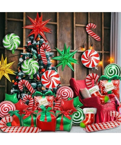 36Pcs?Christmas?Foil?Balloons ?Candy?Cane?Gift?Box?Swirl?Candy?Explosion?Star?Socks?Red?Green?Mylar?Balloons?with?Ribbons?for...