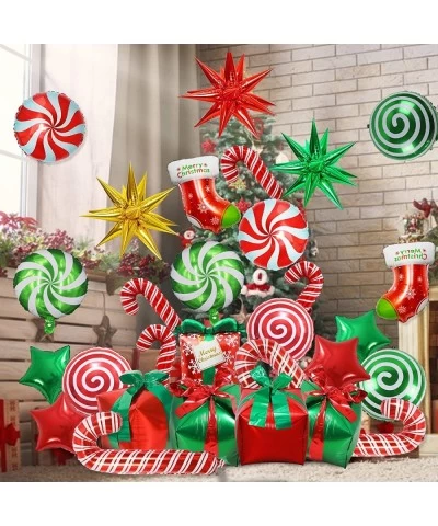 36Pcs?Christmas?Foil?Balloons ?Candy?Cane?Gift?Box?Swirl?Candy?Explosion?Star?Socks?Red?Green?Mylar?Balloons?with?Ribbons?for...