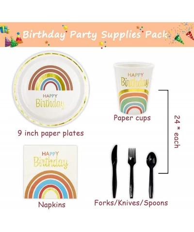 144 PCS Rainbow Party Supplies Pack Gold Foiled Pastel Boho Rainbow Happy Birthday Themed Party Decorations Favors Tableware ...