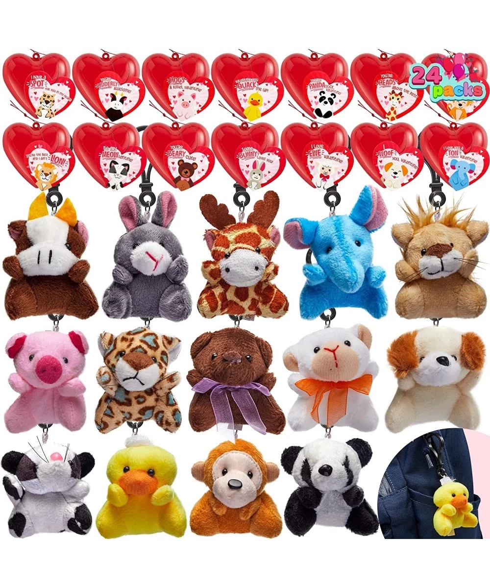 24 Pack Valentines Day Gifts for Kids Prefilled Hearts with Animal Plush Toy Keychain and Valentines Day Cards for Kids Valen...