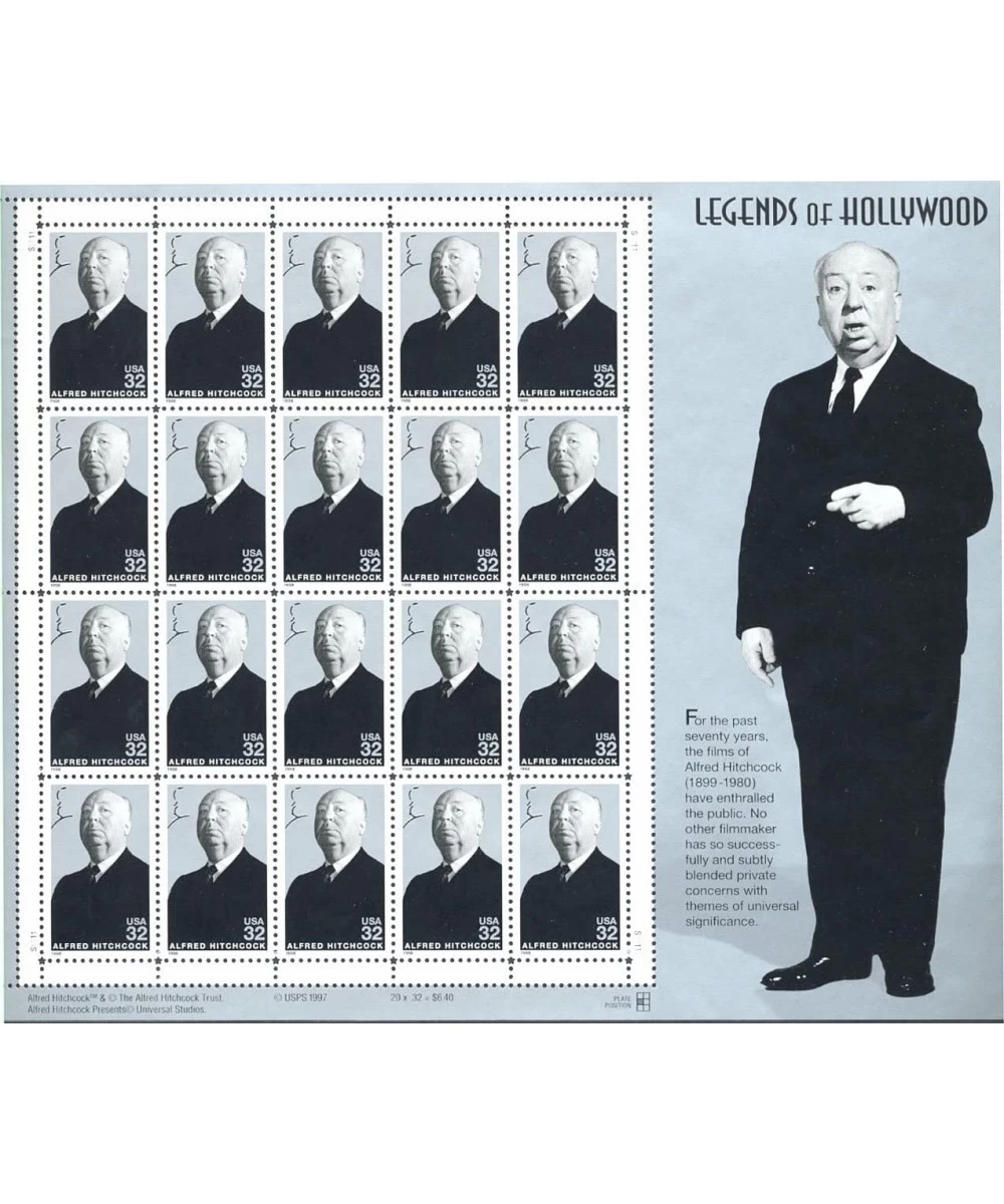 Alfred Hitchcock: Legends of Hollywood Full Sheet of 20 x 32-Cent Postage Stamps USA 1998 Scott 3226 $19.73 Collectible Posta...