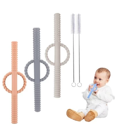 Hollow Teething Tubes for Baby Silicone Baby Soothing Teether Toy Chewy Tube with Handle Teething Straws for Toddlers (Begie&...