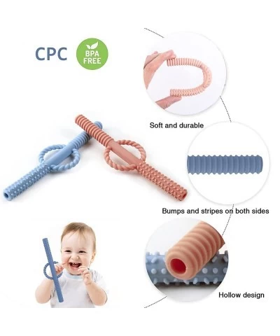 Hollow Teething Tubes for Baby Silicone Baby Soothing Teether Toy Chewy Tube with Handle Teething Straws for Toddlers (Begie&...