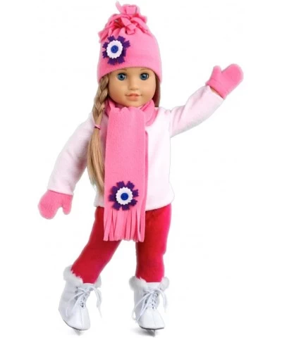 Ice Skating Fun - 6 Piece Outfit Fits 18 inch Doll - Pink Fleece Blouse with Stretchy Leggings Hat Scarf Mittens and White Ic...