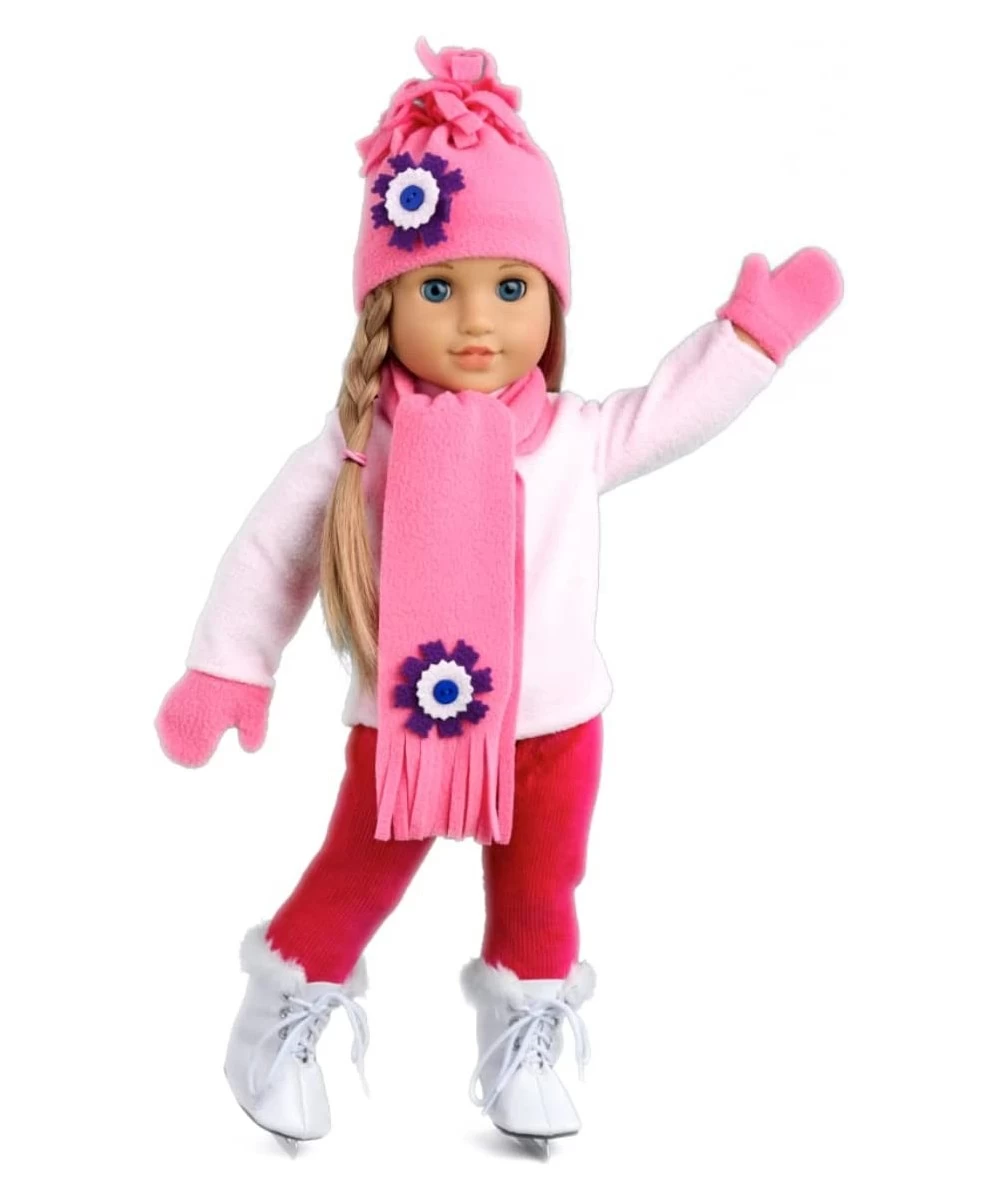 Ice Skating Fun - 6 Piece Outfit Fits 18 inch Doll - Pink Fleece Blouse with Stretchy Leggings Hat Scarf Mittens and White Ic...