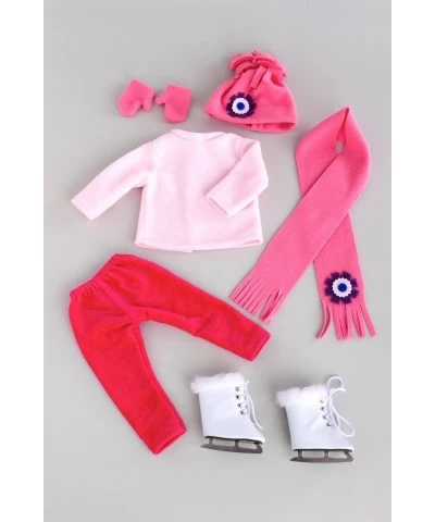 Ice Skating Fun - 6 Piece Outfit Fits 18 inch Doll - Pink Fleece Blouse with Stretchy Leggings Hat Scarf Mittens and White Ic...