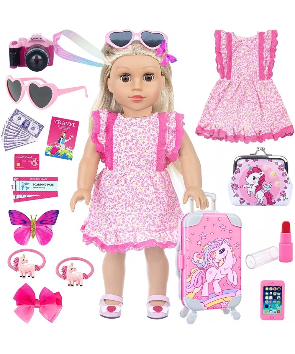 25Pcs 18 Inch Girl Doll Clothes and Accessories Travel Set Including Clothes Unicorn Print Suitcase Handbag Camera Sunglasses...