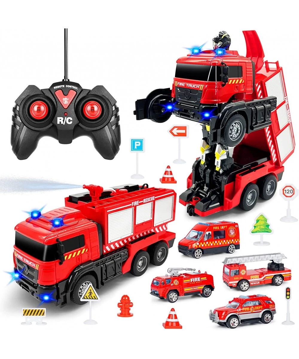 Remote Control Fire Truck with Led Sounds RC Fire Truck Car Toy with 3pcs Small Firetrucks 10pcs Roadblock Models One Button ...