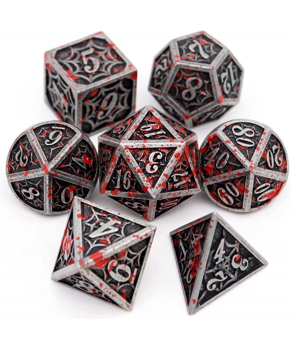 Blood Splatter Metal DND Dice Set W/ Gift Leather Dice Bag Bloodstained D&D Dice Spider Web Pattern Polyhedral Dice for Dunge...