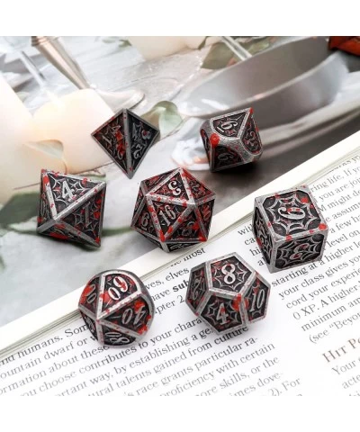 Blood Splatter Metal DND Dice Set W/ Gift Leather Dice Bag Bloodstained D&D Dice Spider Web Pattern Polyhedral Dice for Dunge...