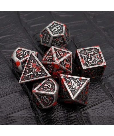 Blood Splatter Metal DND Dice Set W/ Gift Leather Dice Bag Bloodstained D&D Dice Spider Web Pattern Polyhedral Dice for Dunge...