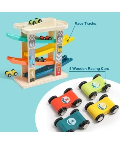 Toddler Wooden Race Track Car Ramp Toys for 1 2 Year Old Baby Motor Skills Race Tracks Car Ramp Vehicle Playsets with 4 Mini ...