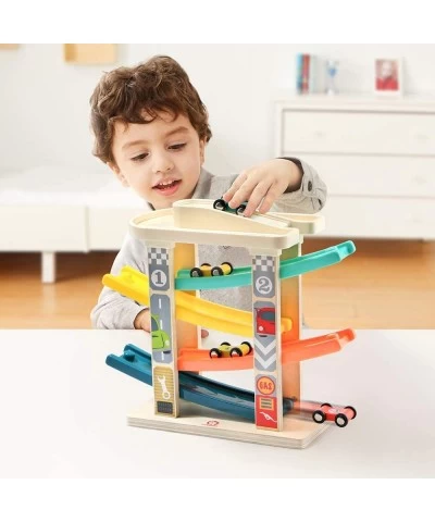 Toddler Wooden Race Track Car Ramp Toys for 1 2 Year Old Baby Motor Skills Race Tracks Car Ramp Vehicle Playsets with 4 Mini ...